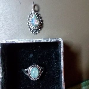 Sterling Silver Light Blue Opal Ring and Pendant
